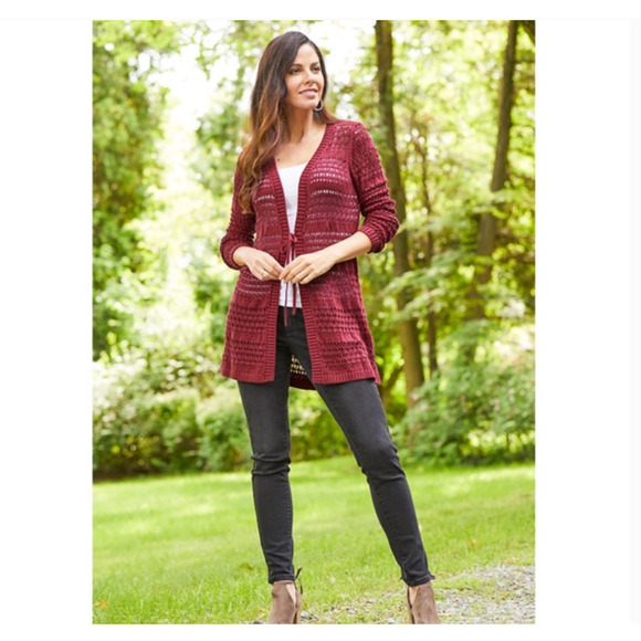 Matilda Jane Sweaters - MATILDA JANE • Crimson Red Stitch in Time Open Knit Cardigan NEW Sz M